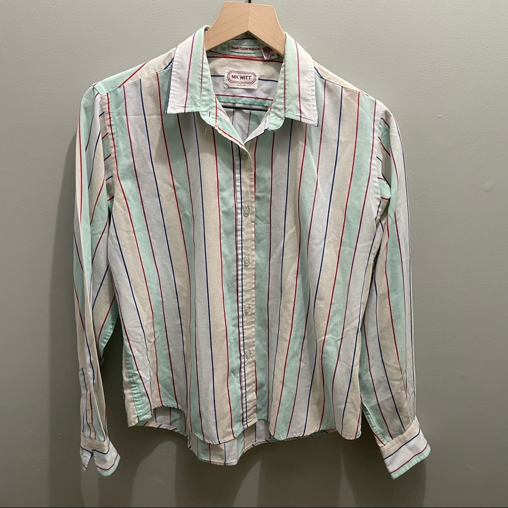 Vintage oversized cropped button down pastel stripes 80s long sleeve lightweight